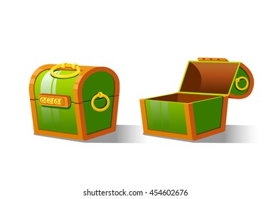 Green Chest set for game interface.Vector illustration. Treasure on white background: closed, empty.