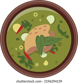 Green chicken curry icon. Thai dish top view