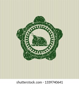 Green chicken dish icon inside distressed rubber grunge texture seal