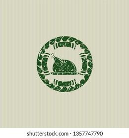 Green chicken dish icon inside distress rubber grunge stamp