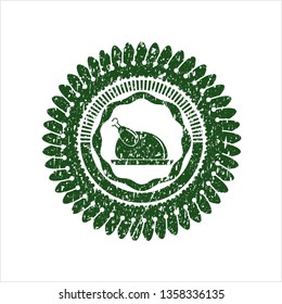 Green chicken dish icon inside distressed rubber seal