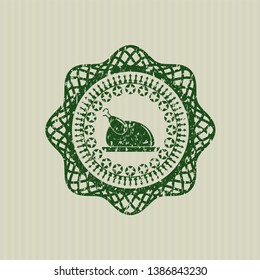 Green chicken dish icon inside rubber stamp with grunge texture