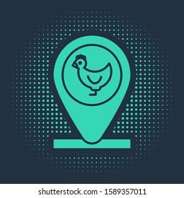 Green Chicken farm and location icon isolated on blue background. Abstract circle random dots. Vector Illustration