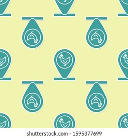 Green Chicken farm and location icon isolated seamless pattern on yellow background.  Vector Illustration