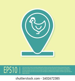 Green Chicken farm and location icon isolated on yellow background.  Vector Illustration