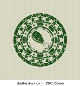 Green chicken leg icon inside distressed with rubber seal texture