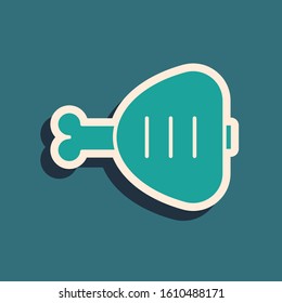 Green Chicken leg icon isolated on blue background. Chicken drumstick. Long shadow style. Vector Illustration