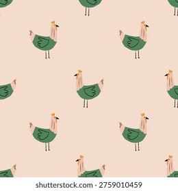 Green chicken motif, beige background, playful seamless textile pattern