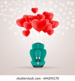Green Child Car Seat With Red Baloons In Shape Of Heart Isolated On A Background. Vector Illustration. Products For Children