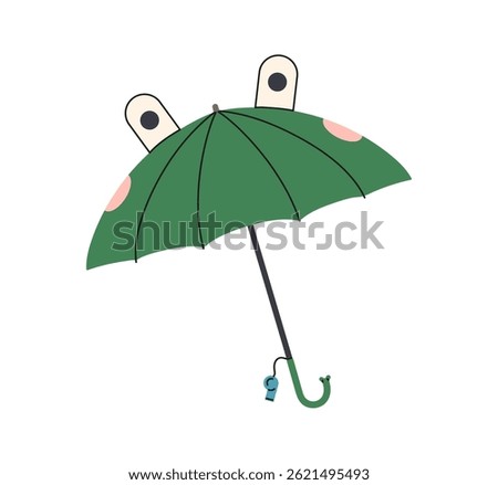 Green childish umbrella with shape of frog. Cute straight parasol for kids. Funny children brolly for protection from rain, rainy weather. Flat isolated vector illustration on white background