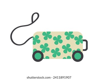 Green children's suitcase with flowers and a long handle. Travel concept with children. Vector illustration
