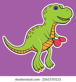 Green children's T-rex with boxing gloves and black eye, with white sticker border