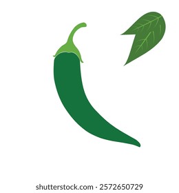 Green chili on white background, chili icon, green chili with leaf.