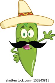 Green Chili Pepper Cartoon Character With Mexican Hat And Mustache Waving For Greeting