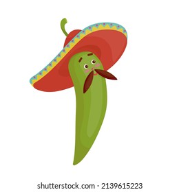 Green Chili pepper with mustache and in mexican sombrrero.Cartoon vector graphic.