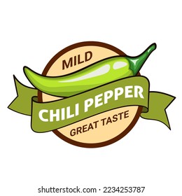 Green chili pepper pod, badge or logo design. Mild hotness or spiciness level. Vector illustration