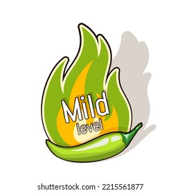 Green chili pepper pod and fire flame from behind. Mild level of spiciness. Logo design for hot sauces or other spicy food