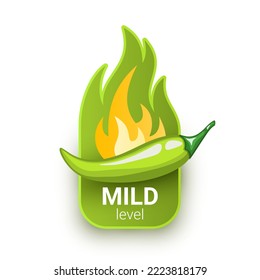 Green chili pepper pod and fire flame from behind. Mild hotness or spiciness level. Logo design for hot sauces or other spicy food