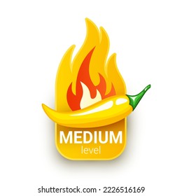 Green chili pepper pod and fire flame from behind. Medium hotness or spiciness level. Logo design for hot sauces or other spicy food
