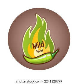 Green chili pepper pod and flame of fire from behind, badge or logo design. Mild hotness or spiciness level. Vector illustration