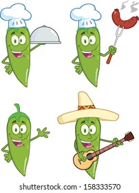 Green Chili Peppers Cartoon Characters 1. Vector Collection Set