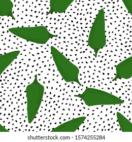 Green chili peppers seamless pattern on dotted background. Pepper hand drawn wallpaper. Vector illustration