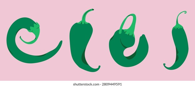 Green chili peppers set vector illustration. Fresh spicy jalapeno vegetables isolated on pink background.