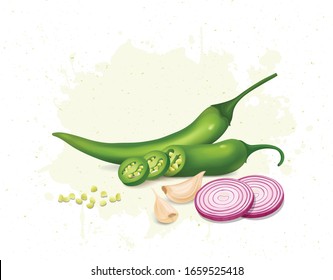 Green Chili vegetable vector illustration with Garlic cloves and onion slices