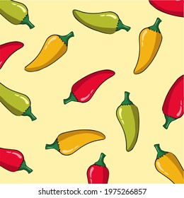 Green Chili, Yellow Chili, And Red Chili Pattern Background. Vector Illustration.