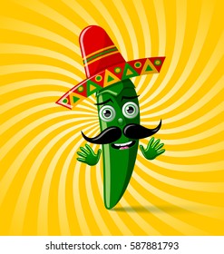 Green chilli pepper character with sombrero hat on twisted background