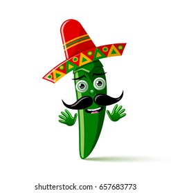 Green chilli pepper character with sombrero hat on white background