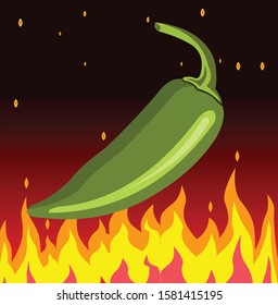 Green Chilli pepper on fire