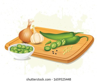 Green chilli vector illustration with Half chopped chilli slices and vegetables