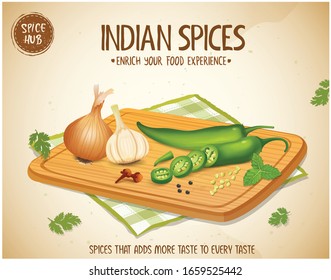 Green chilli vector illustration with onion and garlic cloves on a wooden chopping board