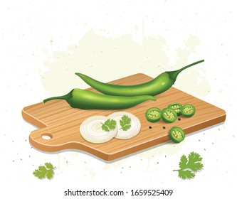 Green Chilli vegetable with chilli and onion slices vector illustration on a wooden chopping board