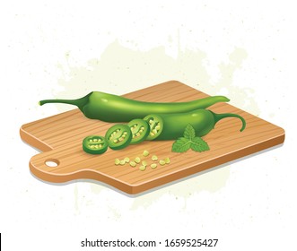 Green Chilli vegetable and chilli pieces vector illustration on wooden  chopping board