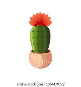 Green chin cactus with red flower in round pot