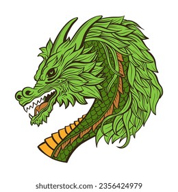 Green Chinese Dragon Head Vector Tattoo Outline Illustration. Mythical Creature Black and White Clipart Ink Sketch for Sublimation. Isolated Serpent Drawing Year of the Dragon Wall Art Poster