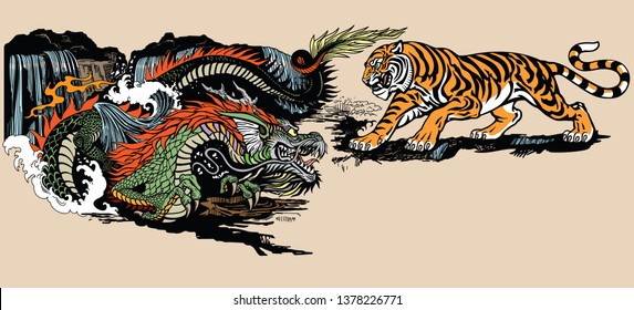 Green Chinese East Asian dragon versus tiger . Two spiritual creatures in the Buddhism representing the spirit heaven and matter earth. Graphic style vector illustration