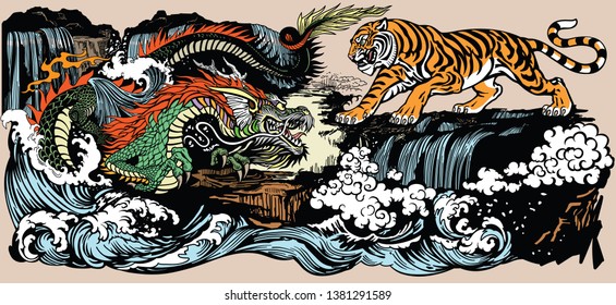 Green Chinese East Asian dragon versus tiger in the landscape with waterfall and water waves  . Two spiritual creatures in the Buddhism representing the spirit heaven and matter earth.Illustration