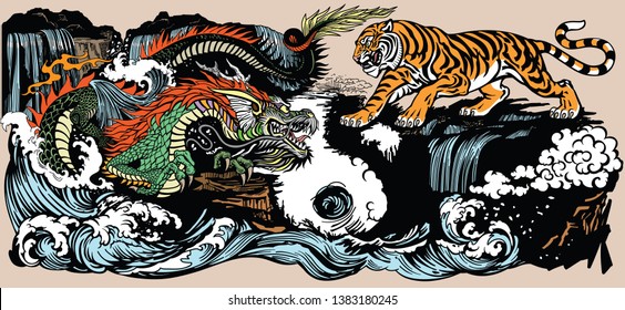 Green Chinese East Asian dragon versus tiger in the landscape with waterfall and water waves  . Two spiritual creatures in the Buddhism representing the spirit heaven and matter earth. Illustration