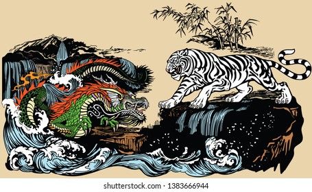 Green Chinese East Asian dragon versus White tiger in the landscape with waterfall,rocks and water waves  . Two spiritual creatures in Classical Feng Shui representing Yin Yang. Vector illustration