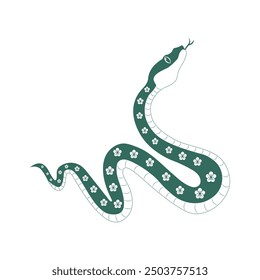 Green Chinese snake with pattern green flowers white isolated background. New year of 2025 animal snake symbol. Chinese zodiac snake symbol.