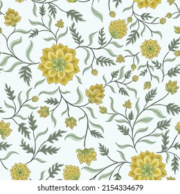 Green Chintz Folk Floral Seamless Vector Pattern, wallpaper and background.