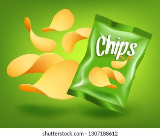 Green chips package with yellow crispy snacks, advertising composition concept, realistic natural potatoes chips, vector illustration