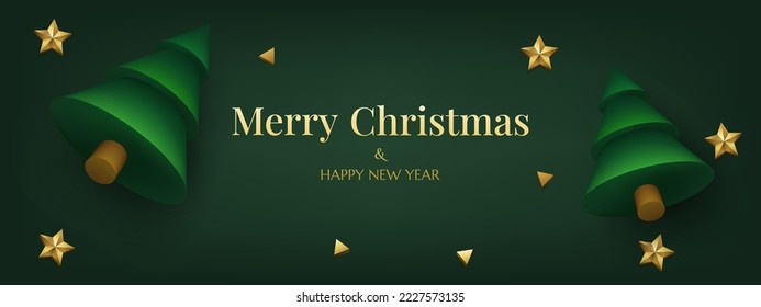 Green Christmas background banner decorated with 3d realistic carved golden stars, pine trees. Horizontal gorgeous Christmas card. Winter season flyer Merry Christmas and New Year.