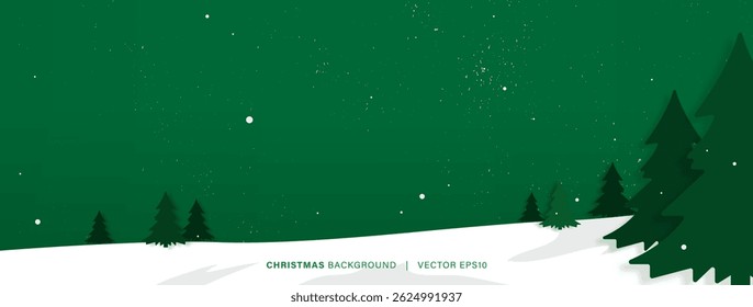 Green Christmas background banner vector design with falling snow, pine trees and copy space