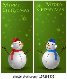 Green Christmas background banners with snowman in hat and scarf