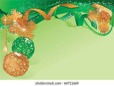 Green christmas background with bauble and pine cones.