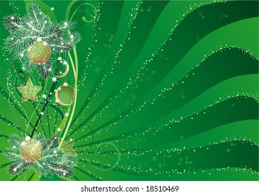 Green christmas background with baubles and pine branches.
